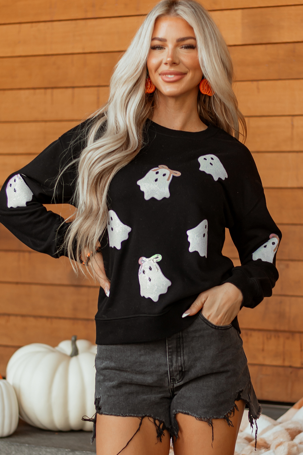 Wisteria Glitter Trim Chenille Ghost Patched Halloween Graphic Tee