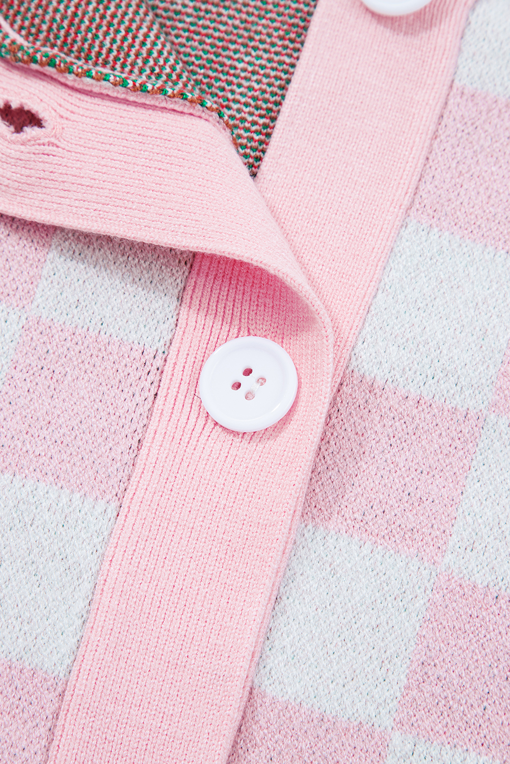 Pink Checkered Christmas Tree Pattern Button V Neck Cardigan Sweater