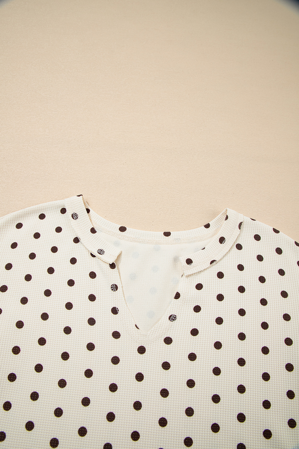 White Polka Dot Print Notched Neck Long Sleeve Top Drawstring Jogger Pants Waffle Knit Lounge Set