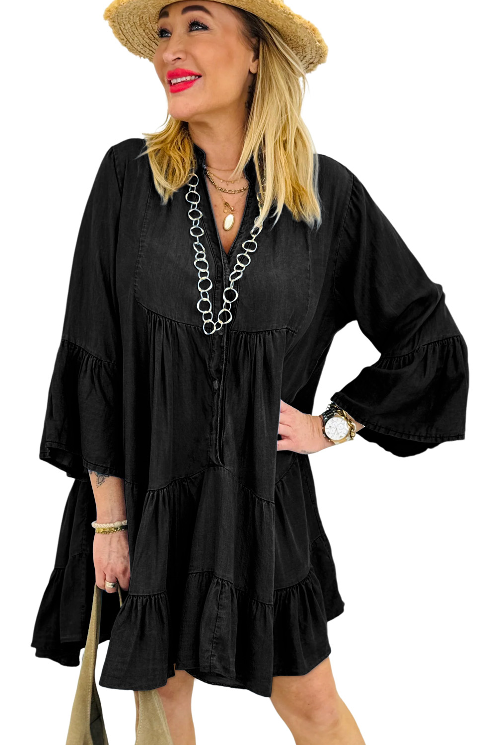 Sky Blue Chambray Ruffled 3/4 Sleeve Tiered Split V Neck Mini Dress