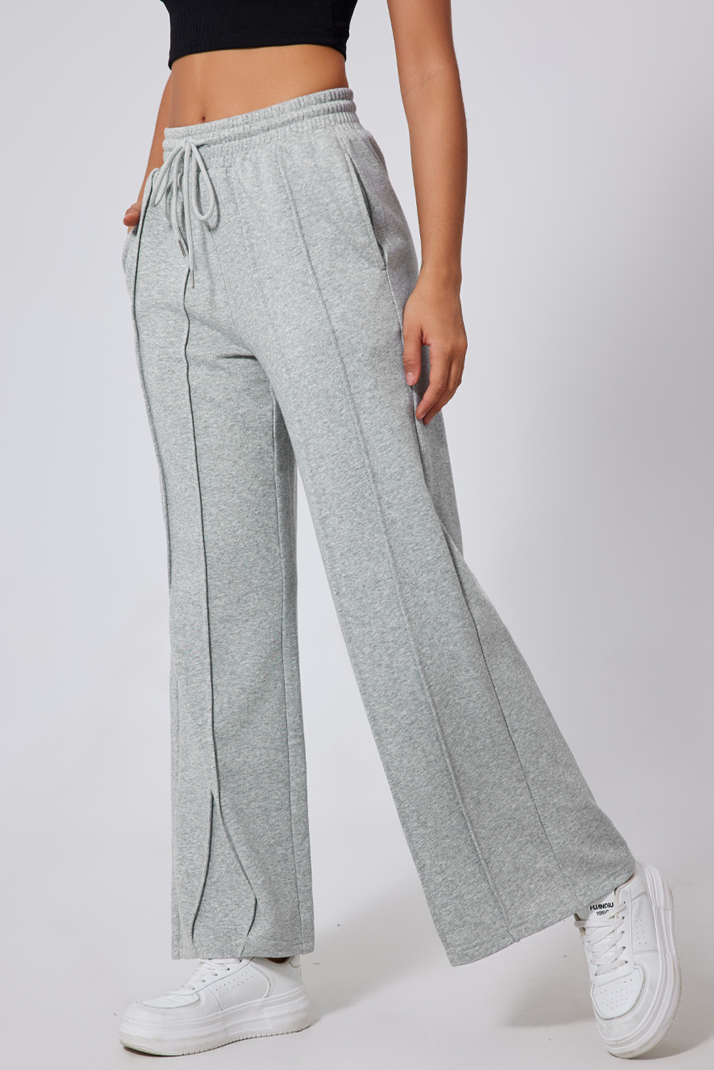 Black Seamed Drawstring High Waist Wide Leg Sweatpants