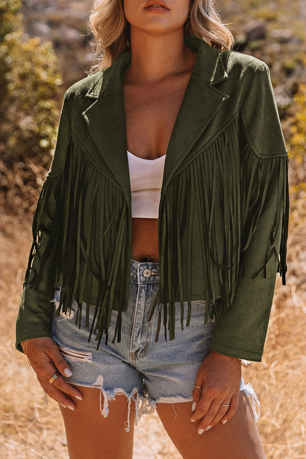 Gray Cropped Fringe Faux Suede Jacket