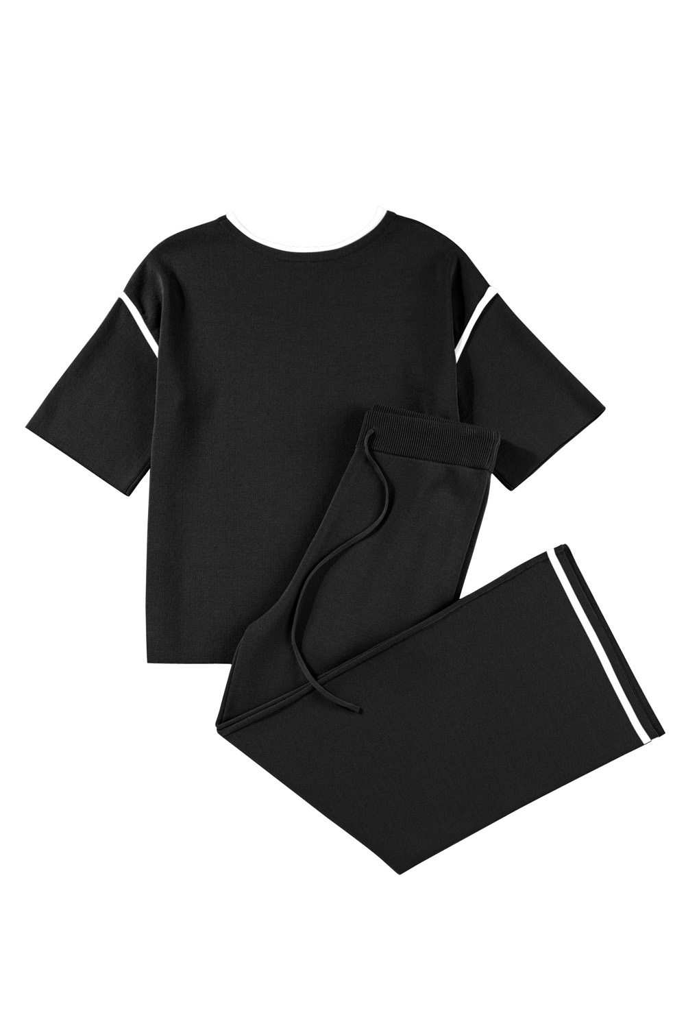 Blackish Green Contrast Trim Half Sleeve Top Drawstring Pants Loose 2pcs Sweater Suit