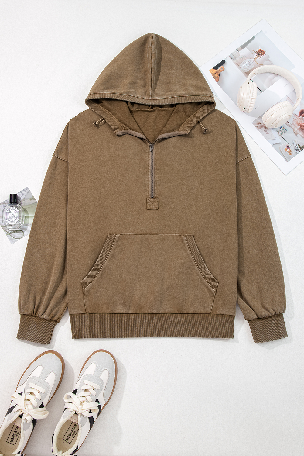 Canton Half Zip Kangaroo Pocket Mineral Wash Baggy Hoodie