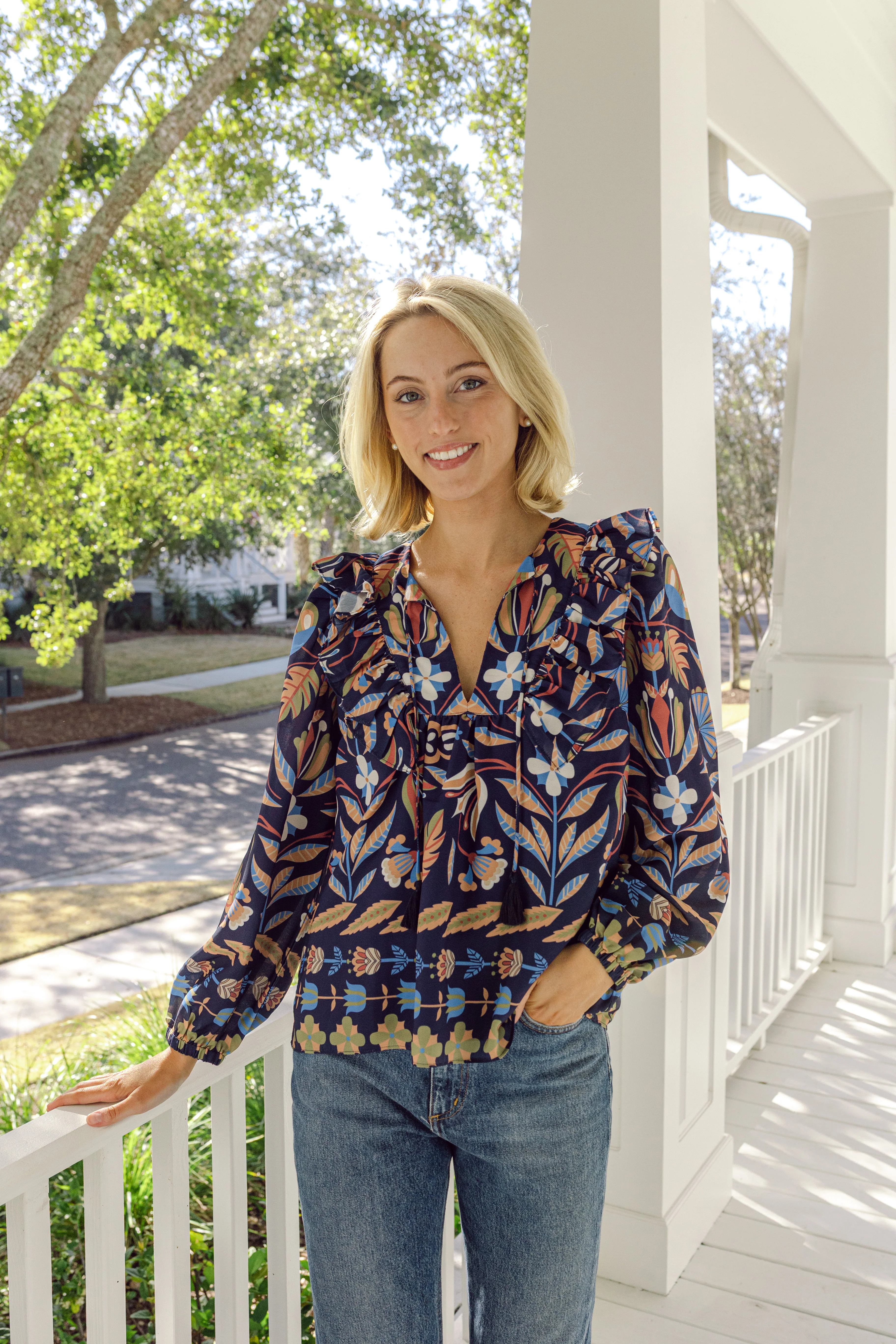 Navy Geo Floral Ruffle Front Top with Tassels - luftunsa