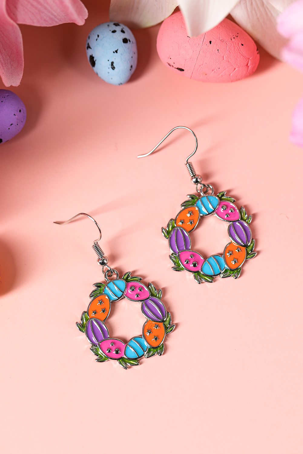 Silvery Easter Eggs Floral Hoop Dangle Earrings