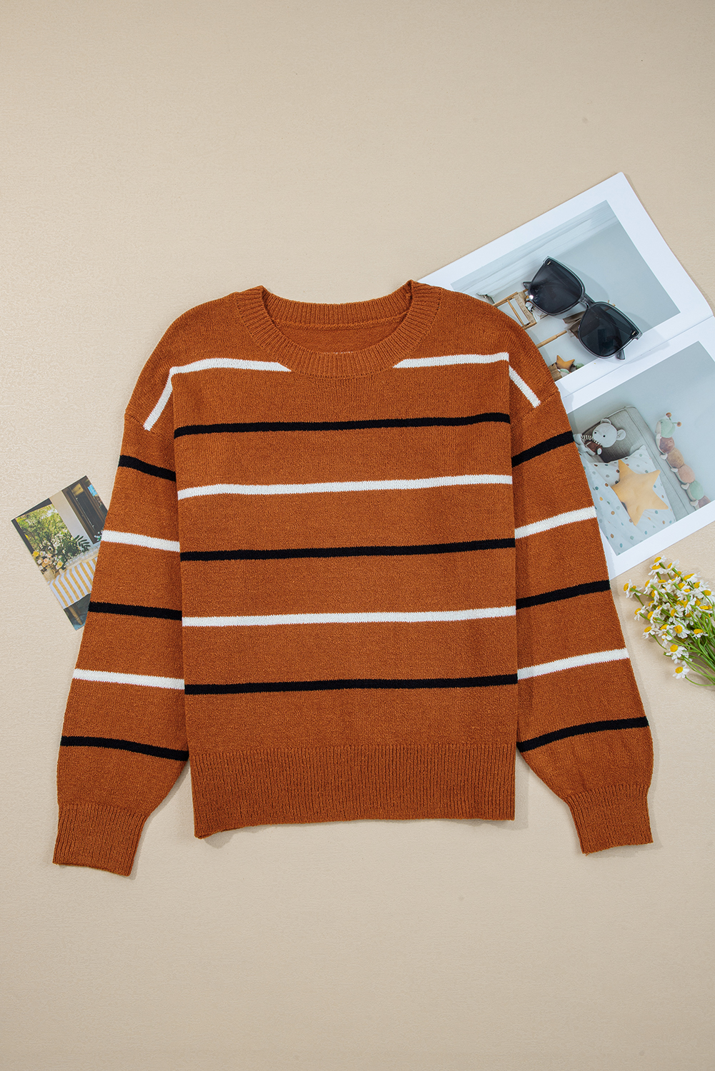 Multicolour Striped Buttoned Front V Neck Drop Shoulder Cardigan Sweater
