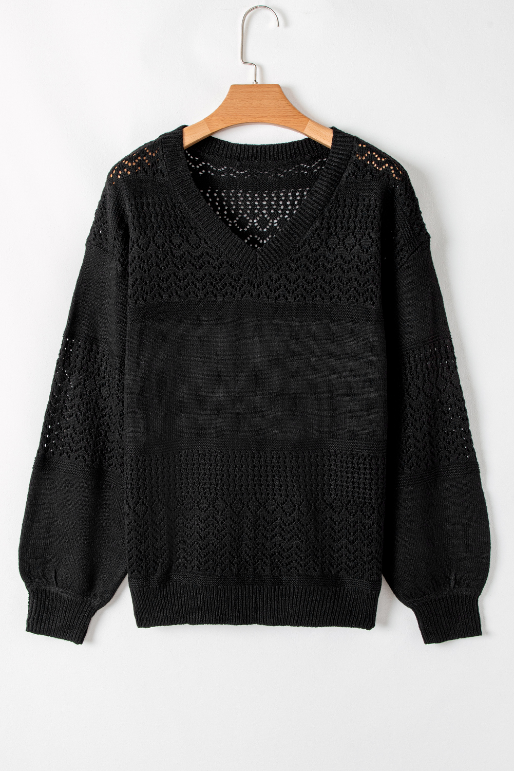Sky Blue Eyelet Pattern Detail V Neck Drop Shoulder Sweater