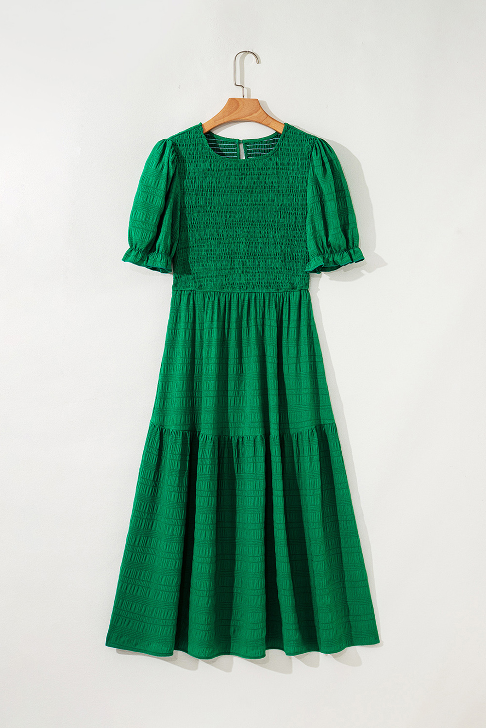 Dark Green Textured Ruffled Sleeve Round Neck Top
