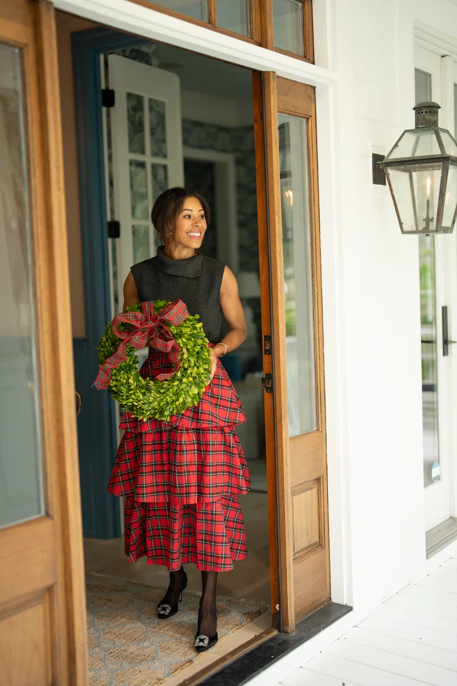 Red Plaid Tiered Midi Skirt - luftunsa