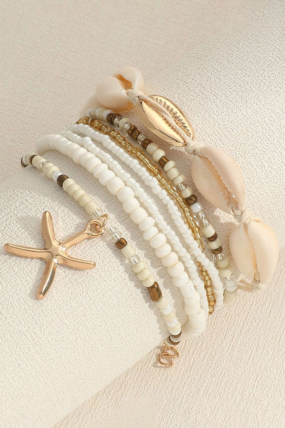 White Starfish Shell Decor Multi Layer Beaded Bracelet Set