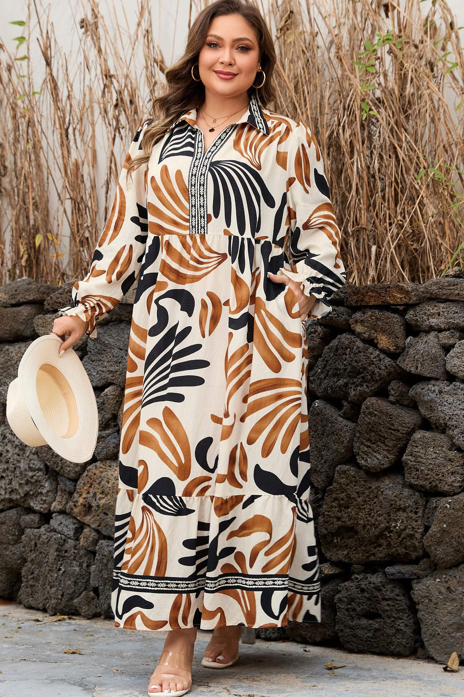 Brown Tropical Printed Contrast Trim Neck Long Sleeve Ruffle Hem Dress