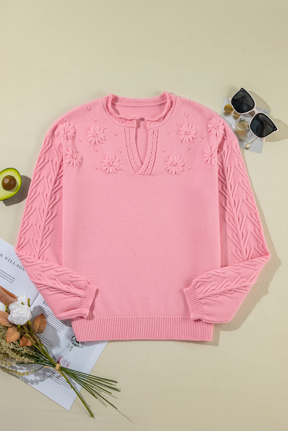 Beau Blue Flower Detail Knitted Notched Neck Sweater