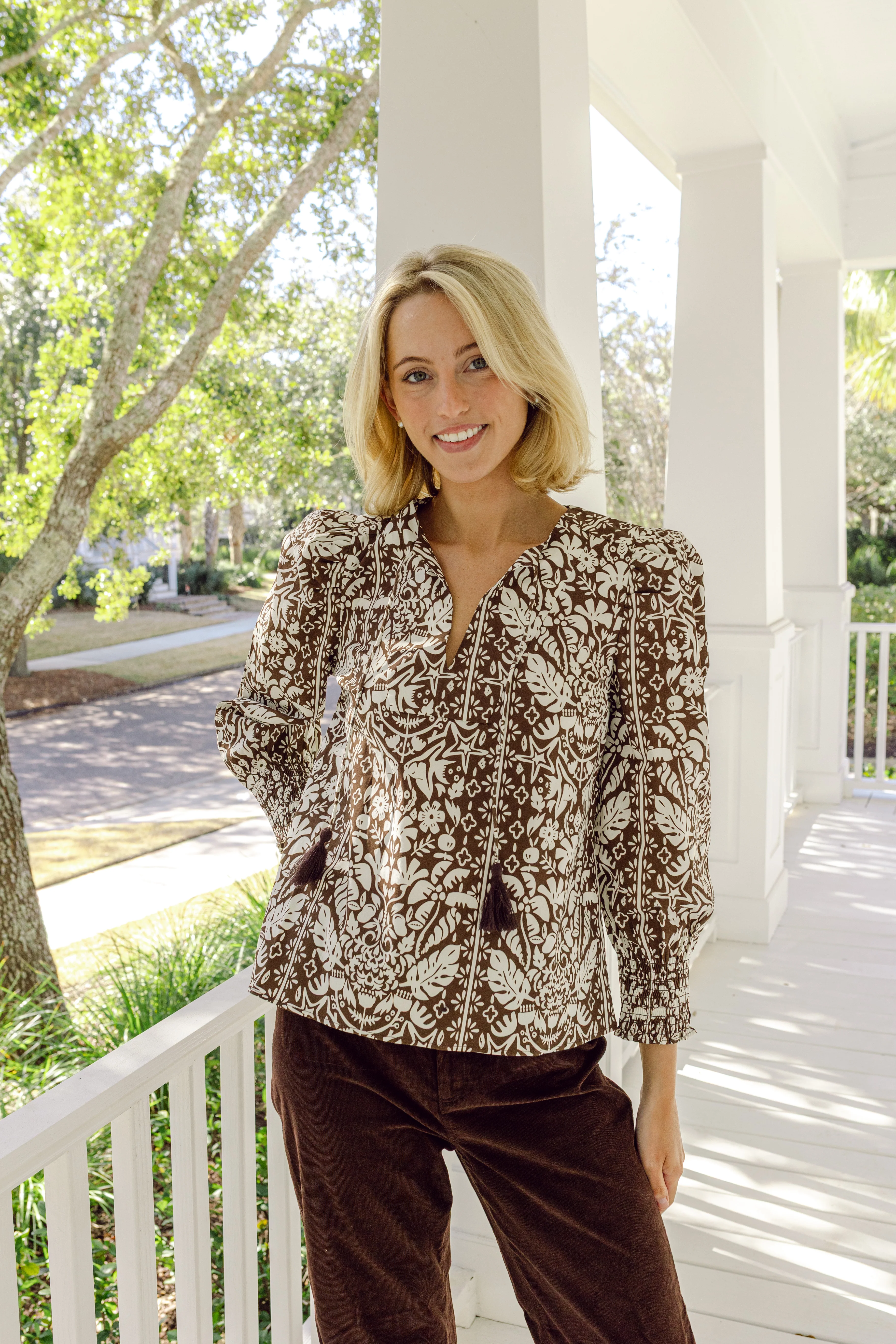 Tropical Block Print Tassel Front Top - luftunsa