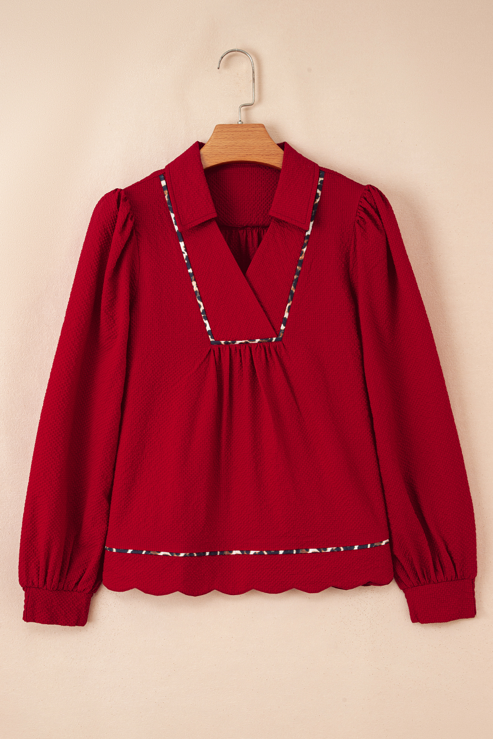 Fiery Red Textured V Neck Leopard Contrasted Trim Long Sleeve Shift Mini Dress