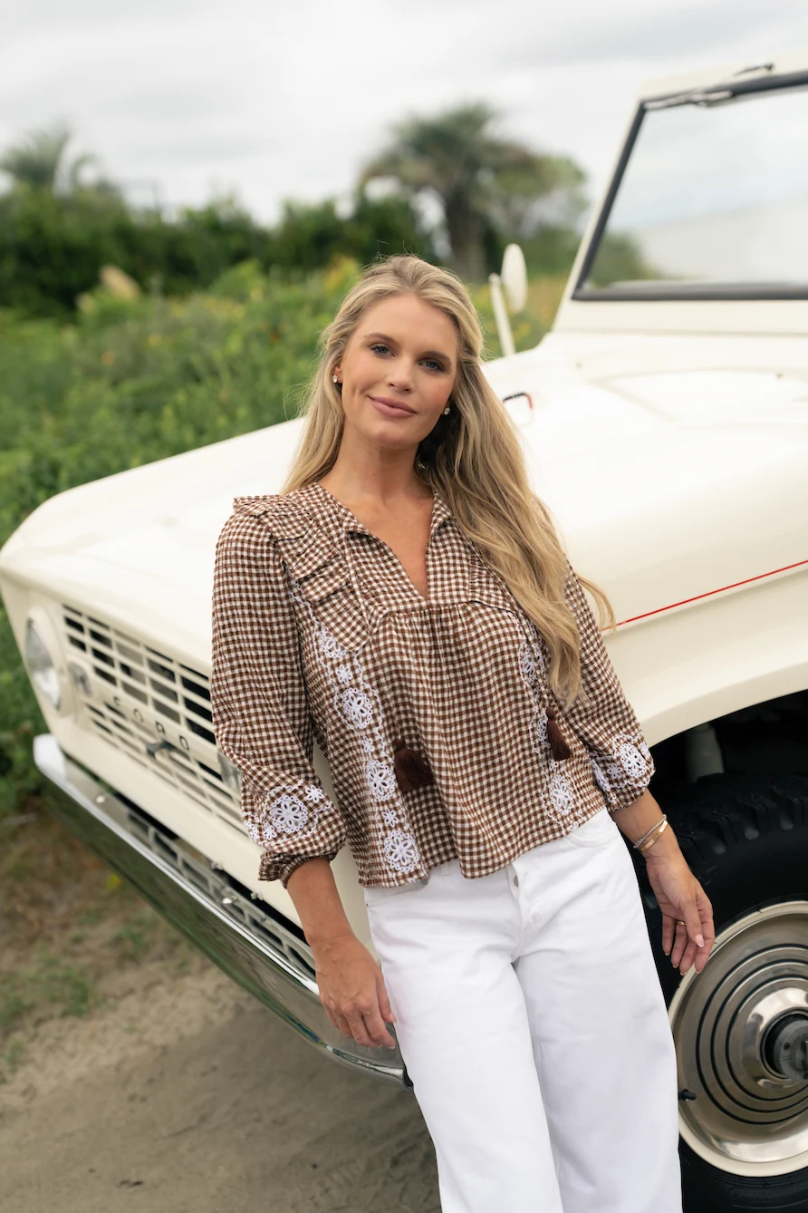 Brown & White Gingham Embroidered Ruffle Front Top with Tassels - luftunsa