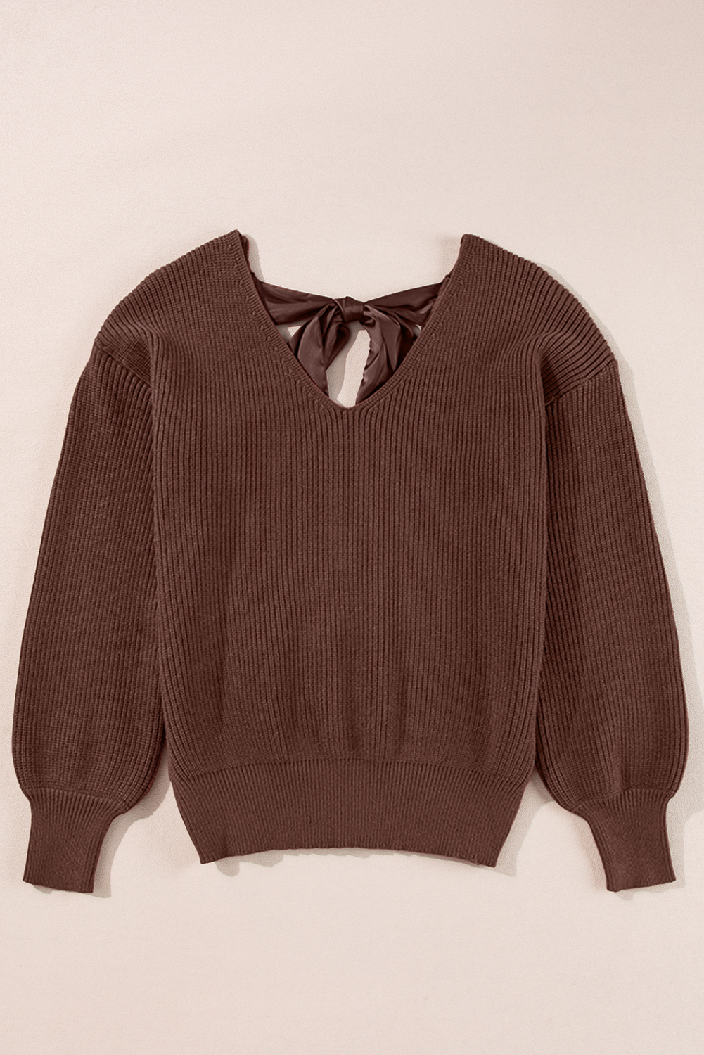 Racing Red Lantern Sleeve V Neck Knot Back Sweater