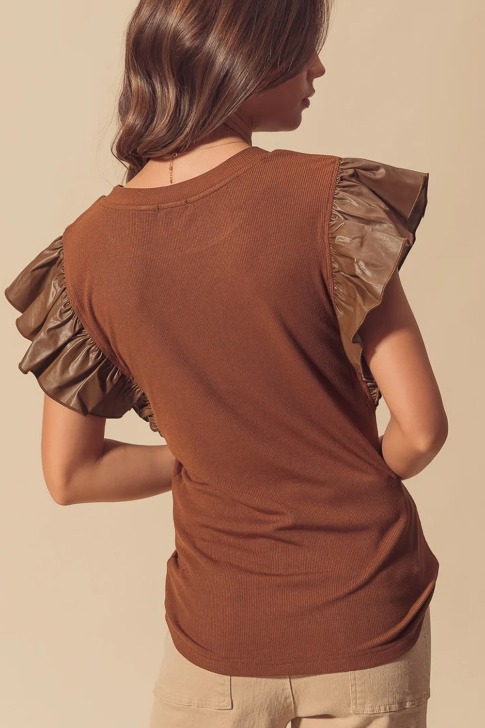 Black GAME DAY Checkered Letter Graphic Leatherette Ruffle Sleeve Top