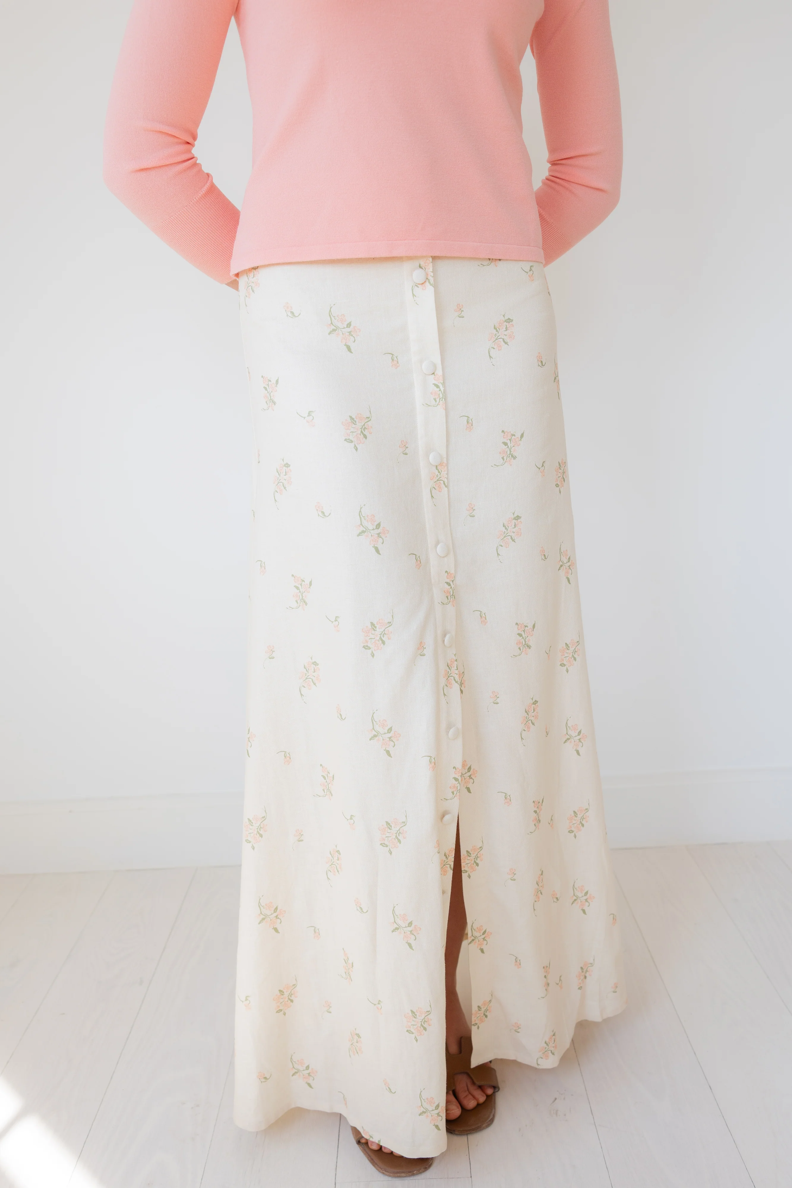 Cream Floral Button Front Slit Maxi Skirt - luftunsa