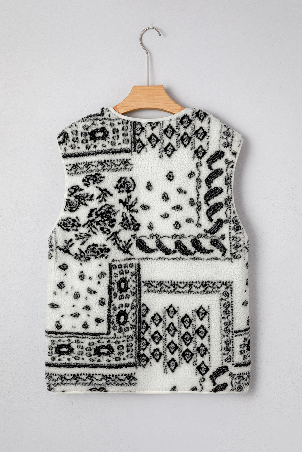 Brown Sherpa Paisley Print Pocketed Western Fashion Vest Jacket