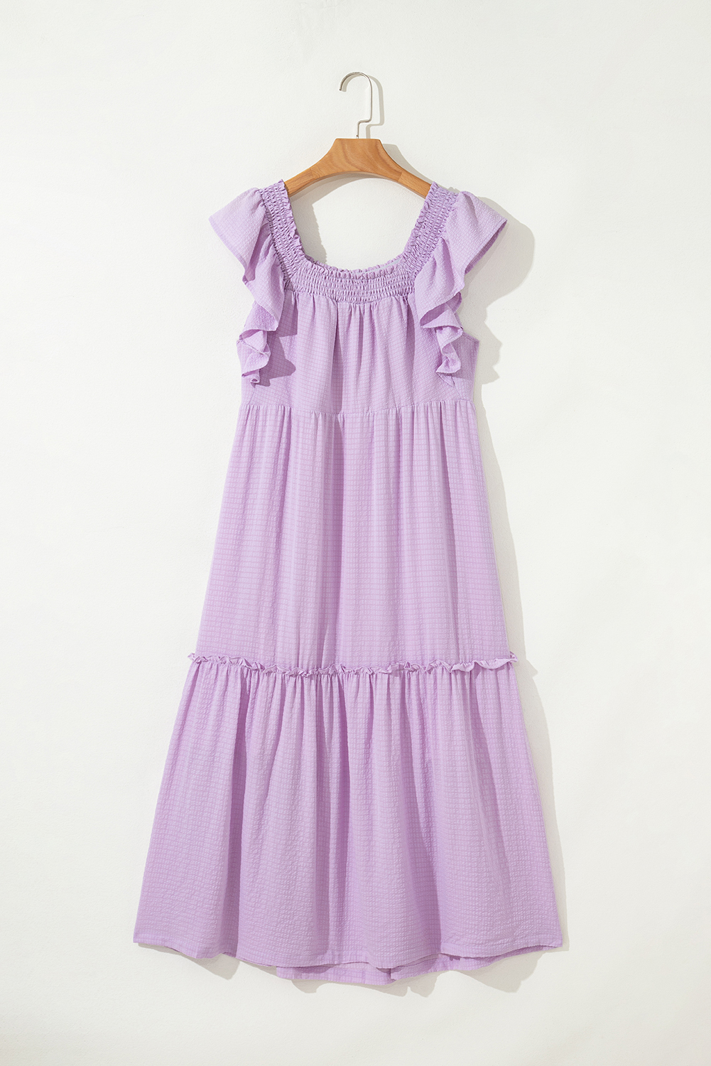 Sky Blue Ruffled Flutter Sleeve Square Neck Textured Tiered Maxi Dress