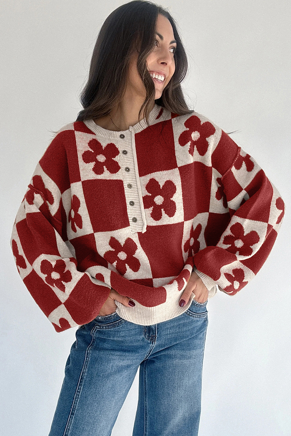Black Flower Plaid Henley Baggy Sweater