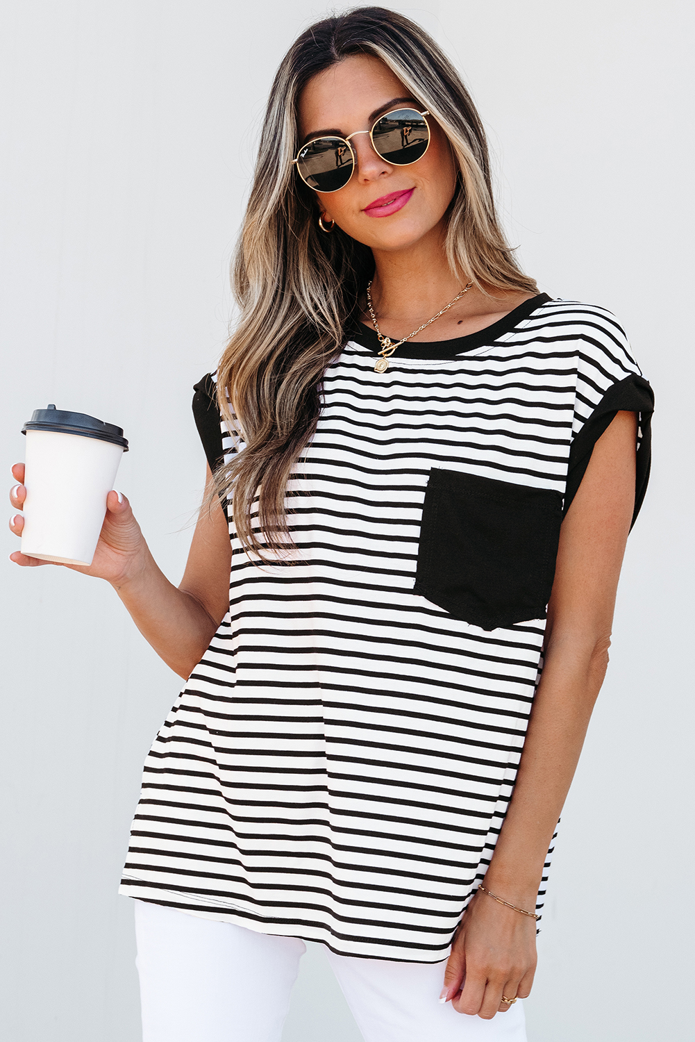 Red Stripe Chest Pocket Patch Round Neck Tank Top