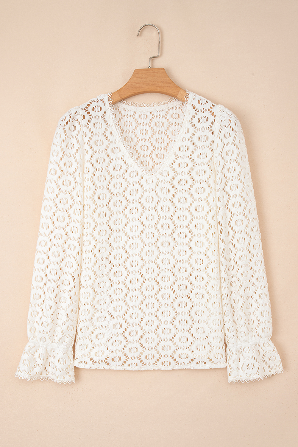 Beige Flower Lace V Neck Ruffled Sleeve Top