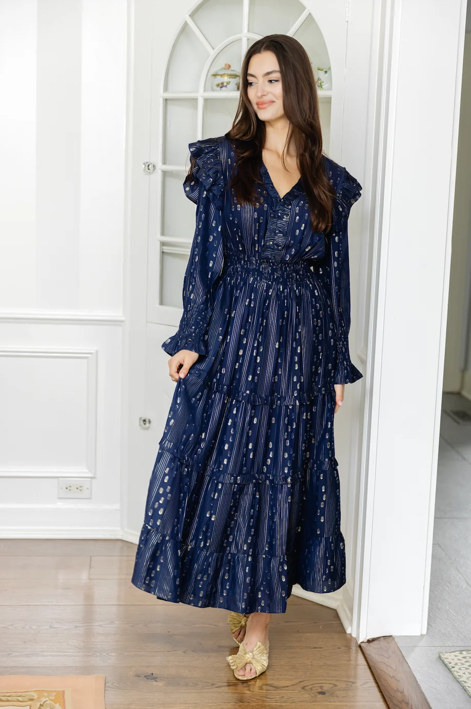 Navy & Gold Lurex Smocked Waist Midi Dress - luftunsa