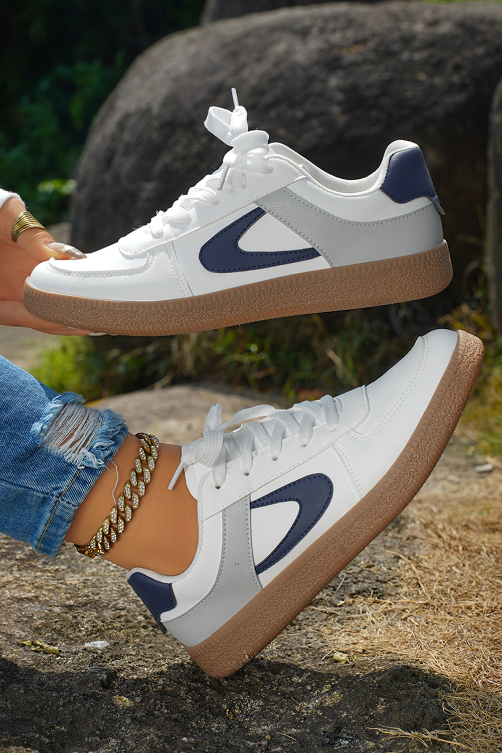 Navy Blue Color Contrast PU Leather Lace-up Sneakers
