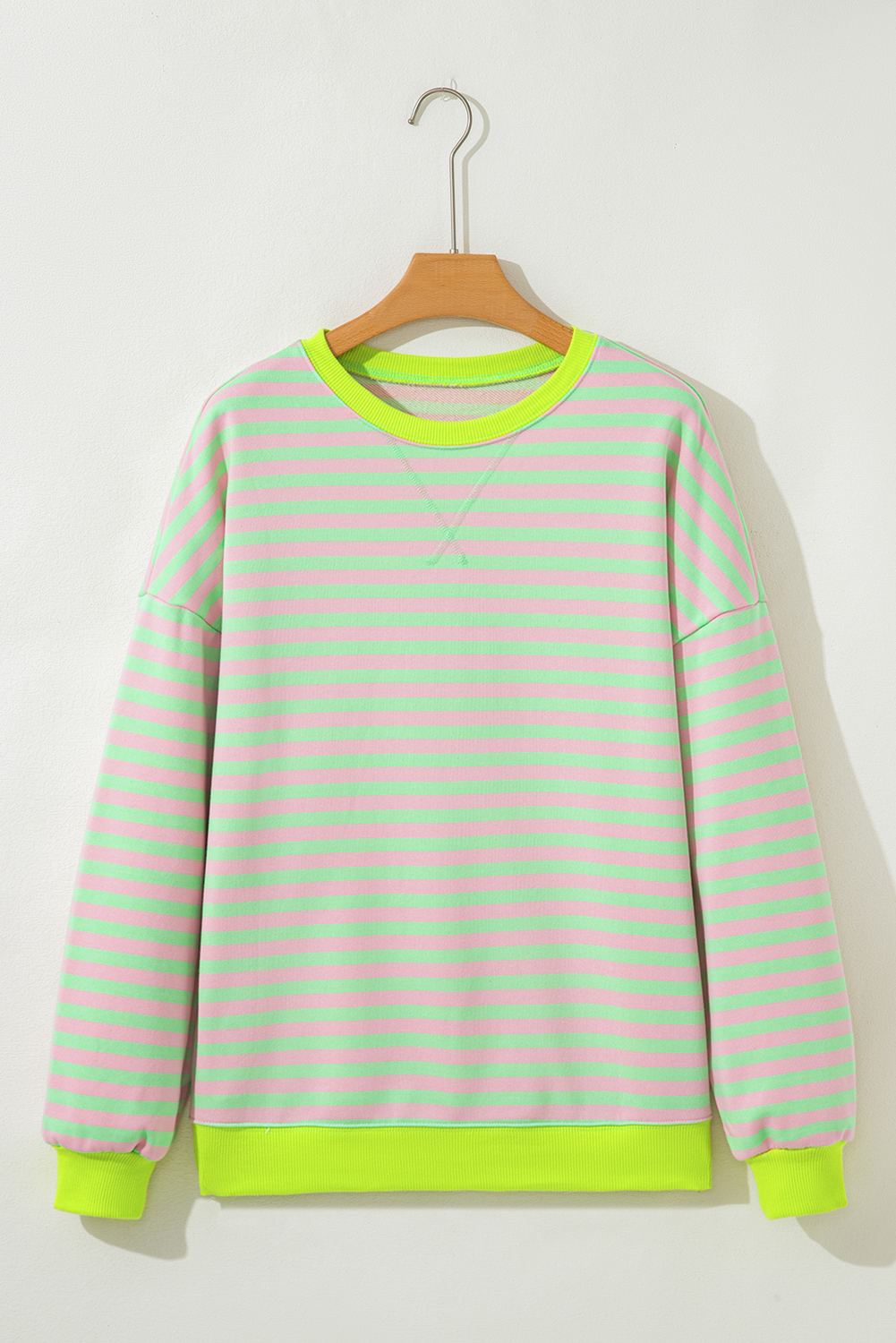 Red Stripe Contrast Ribbed Trim Crossed Stitch Drop Shoulder Sweatshirt