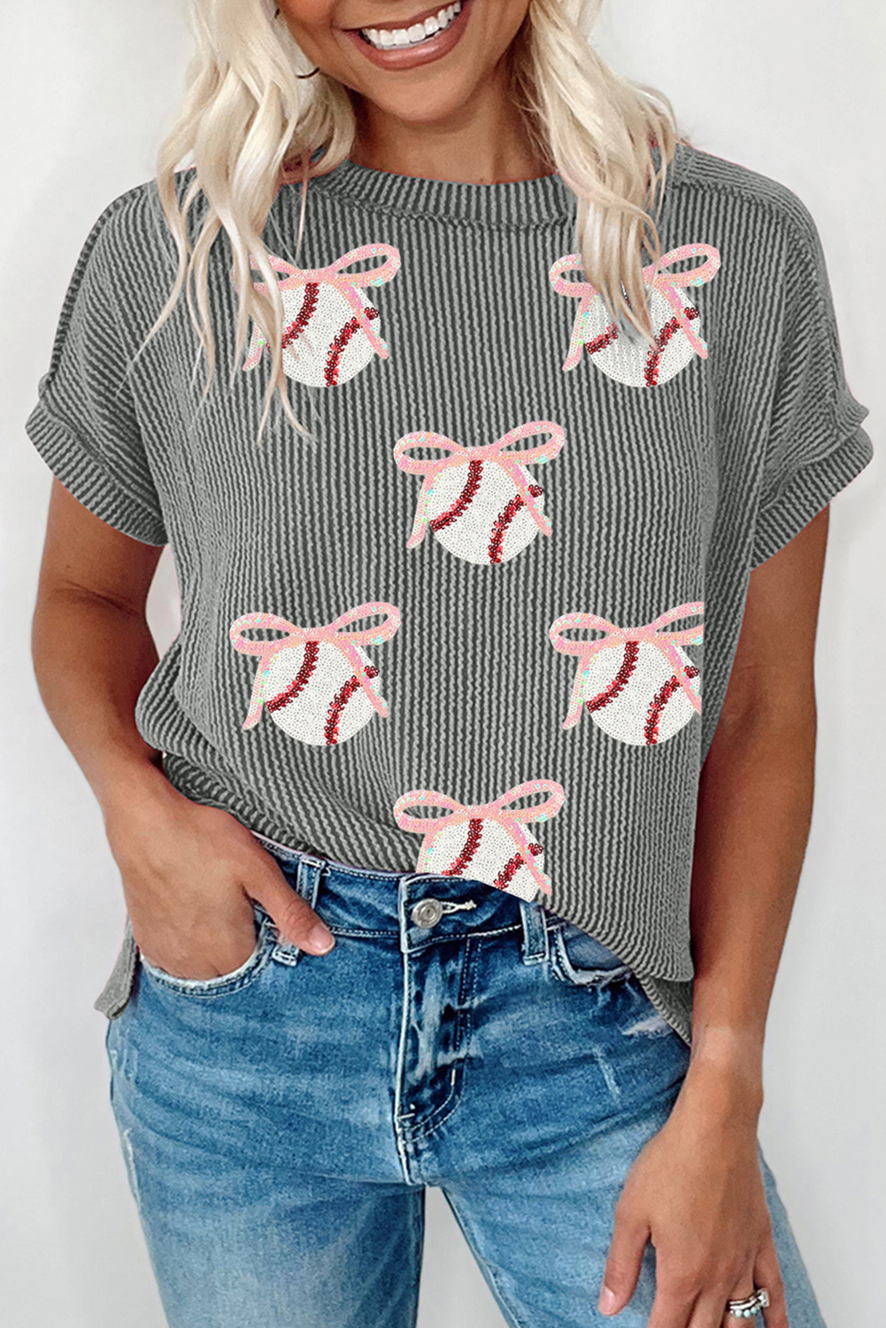 Medium Grey Twist Ribbed Sequined Bow Rugby Game Day Pattern Knit T Shirt