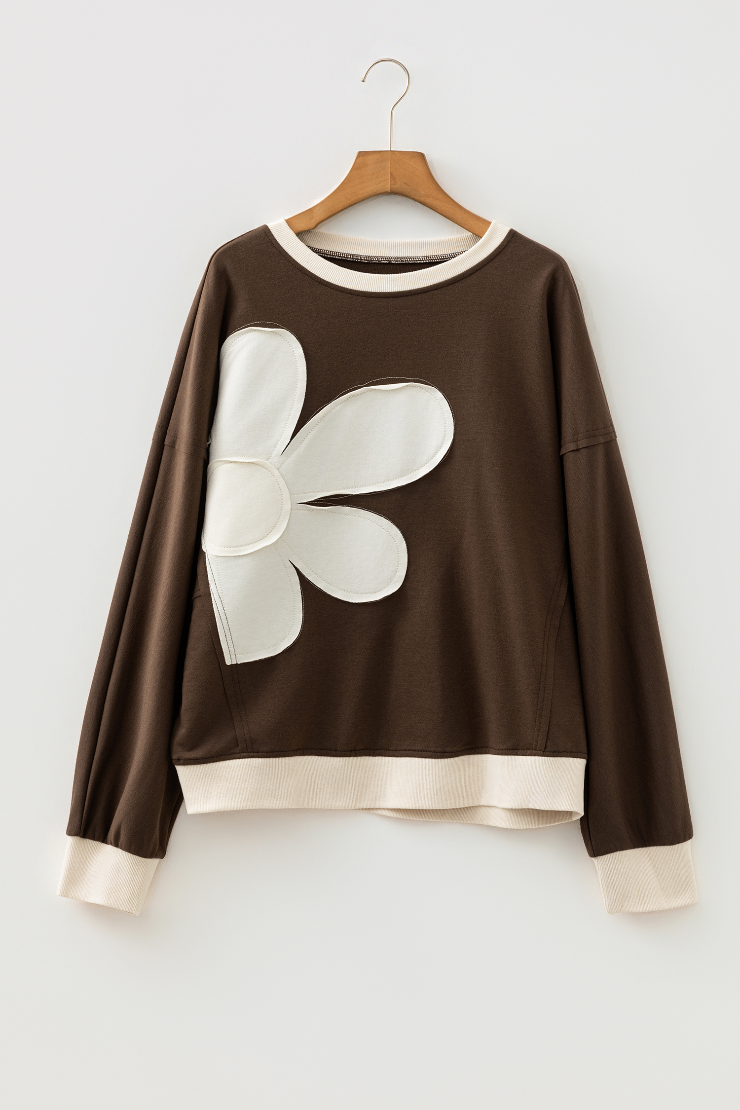 Beige Raw Edge Flower Patch Drop Shoulder Casual Top