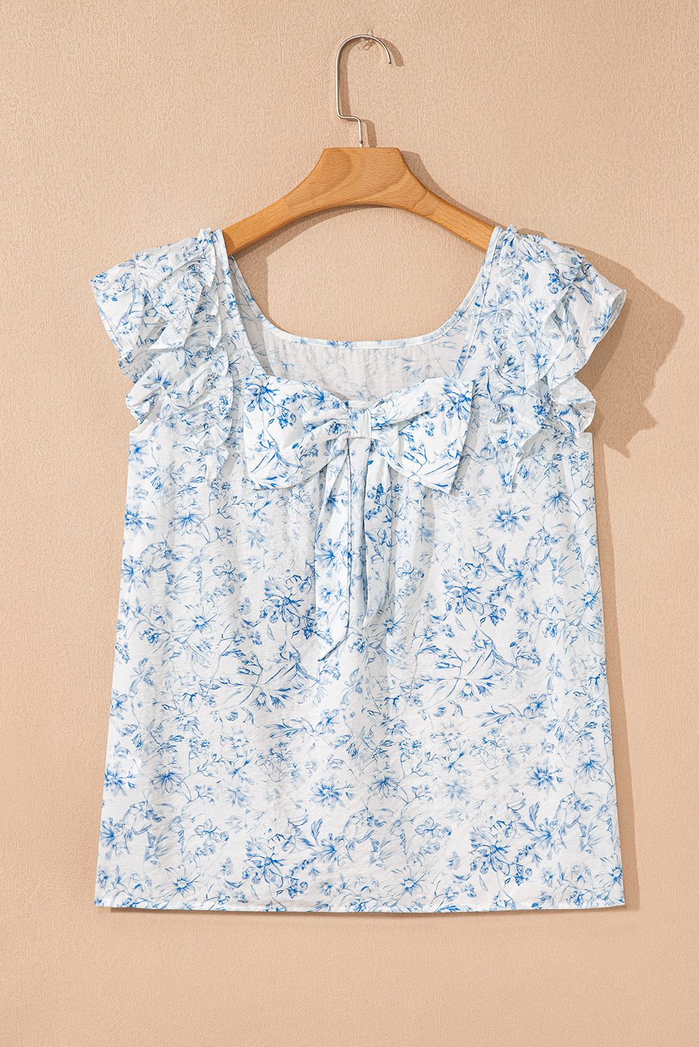 Beau Blue Textured Bow Knot Frilled Butterfly Sleeve Blouse