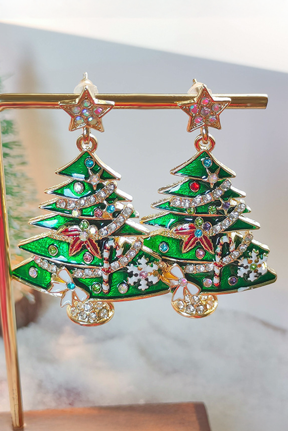 Bright Green Rhinestone Embellished Star Christmas Tree Earrings