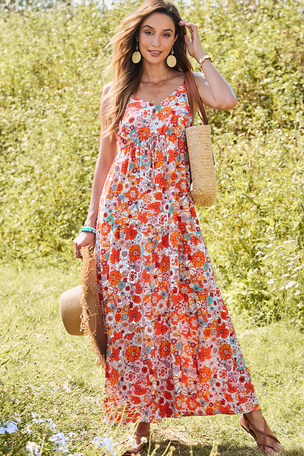 Red Boho Fashion Print Spaghetti Straps Drawstring Maxi Dress