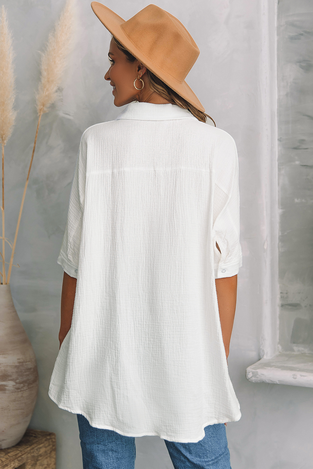 White Textured Cotton Gauze Single Chest Pocket 3 4 Sleeve Oversize Shirt