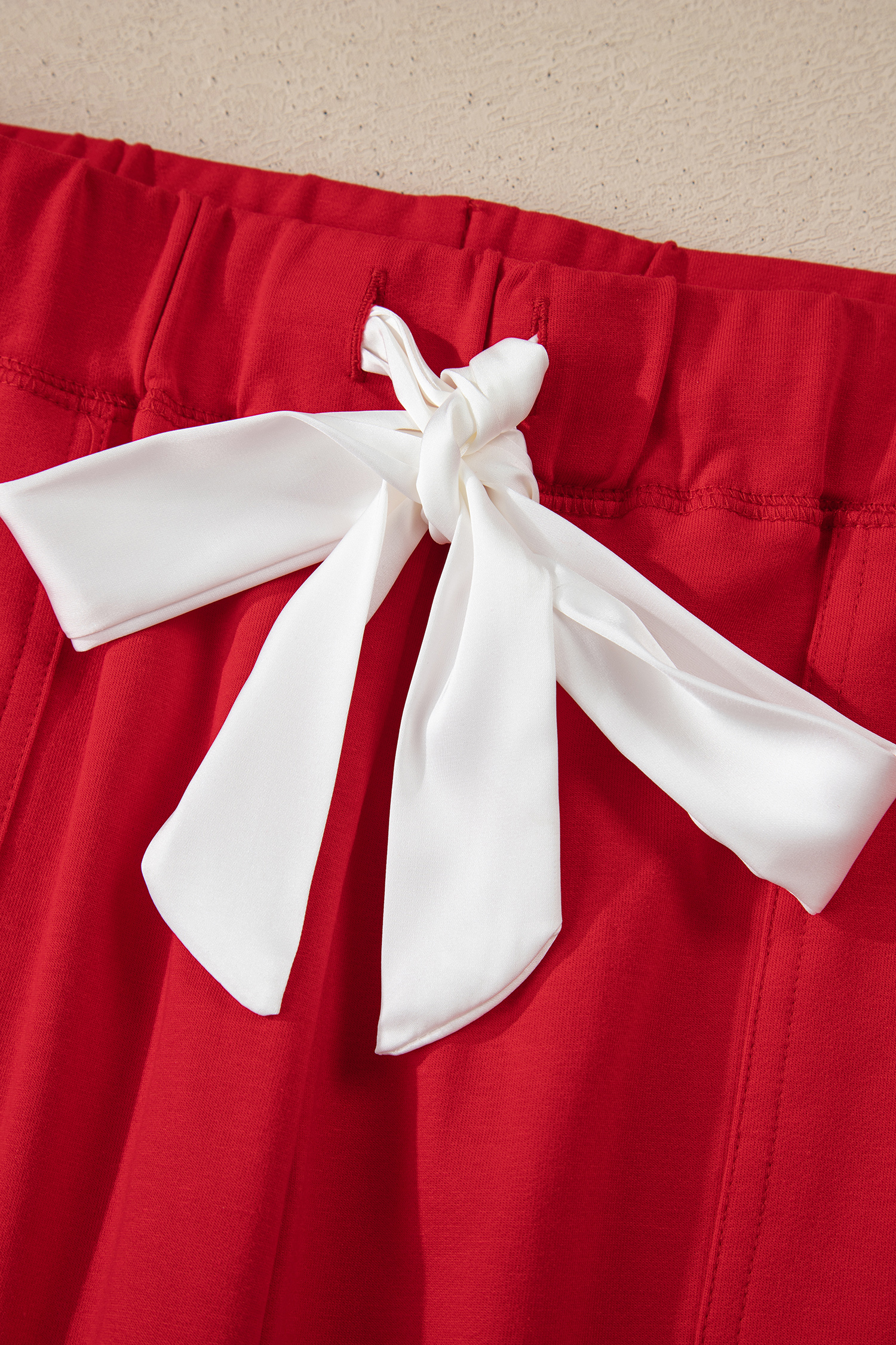 Fiery Red Contrast Trim Button V Neck Ribbon Bow Knot Waist 2pcs Lounge Pant Set