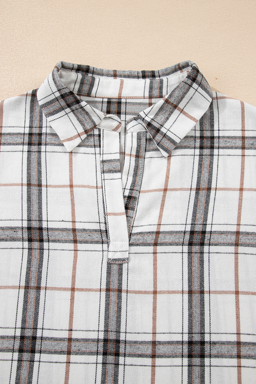 Red Plaid Print Collared V Neck Loose Blouse with Side Slits