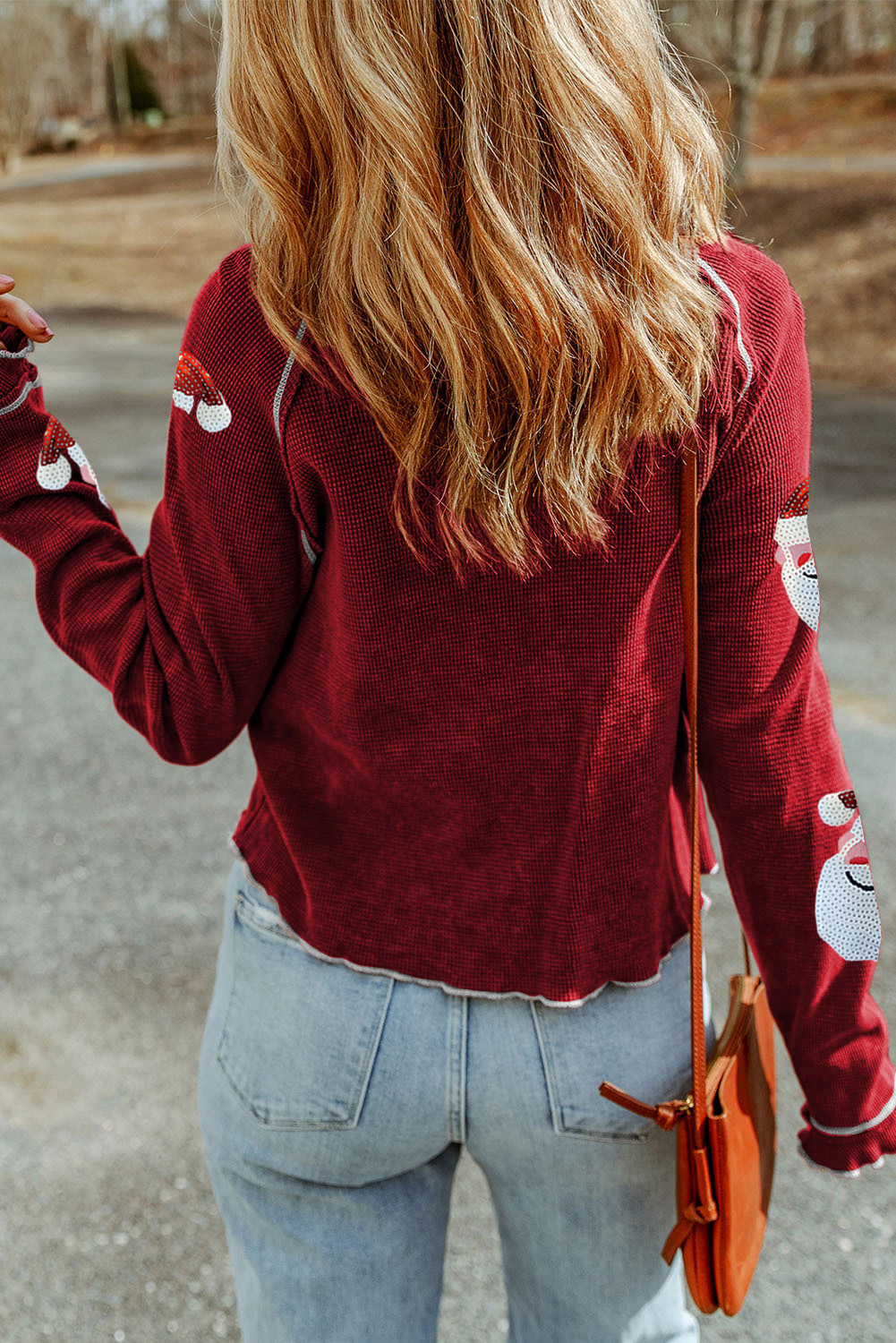 Smoke Gray Textured Round Neck Long Sleeve Top