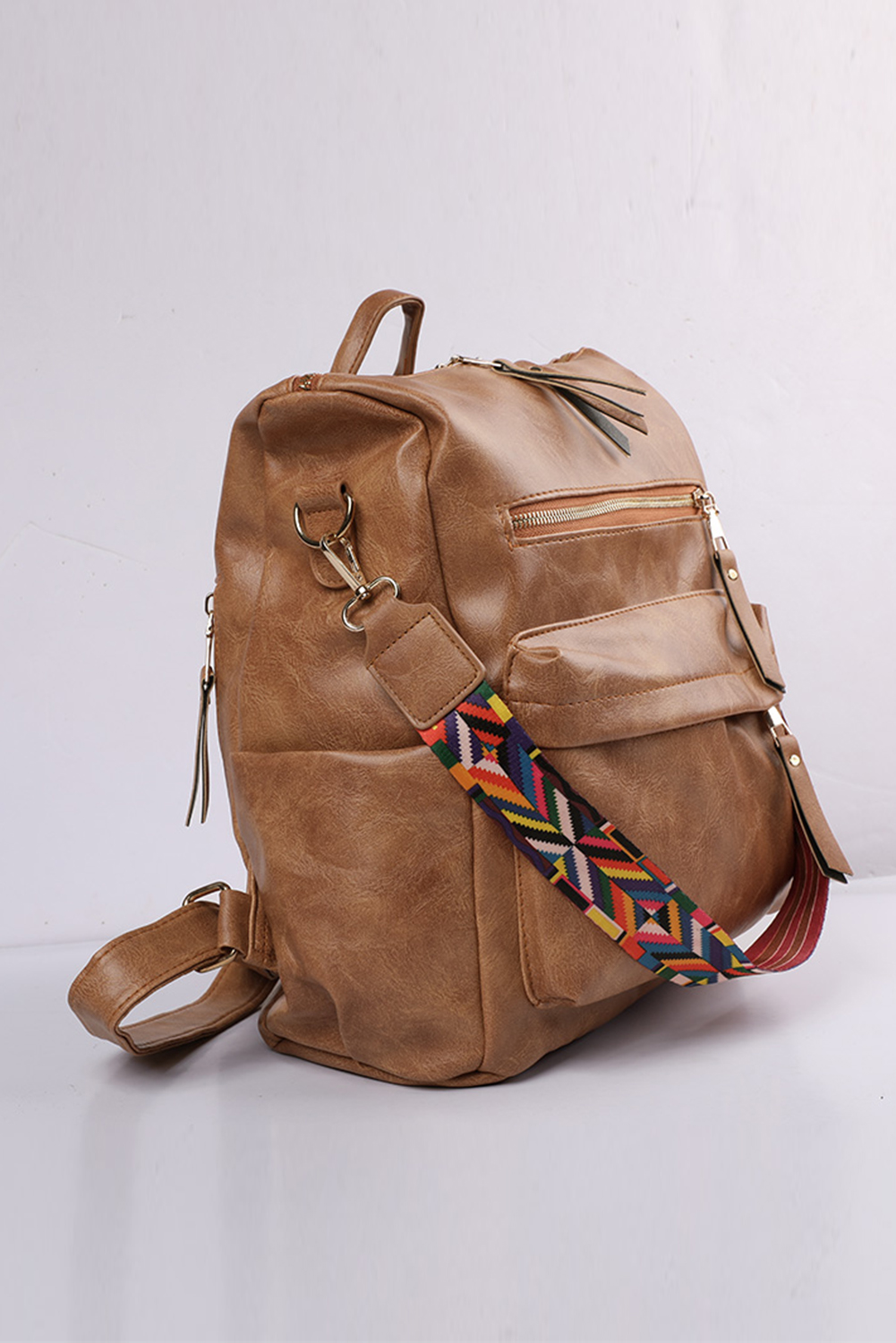 Color black Geometric Crochet Strap PU Leather Large Backpack