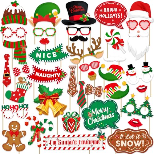 Christmas Photo Booth Props,40Pcs Christmas Party Decorations Photo Props Funny Xmas Holiday Photo Booth Props& Backdrop for Xmas Party Photoshoot
