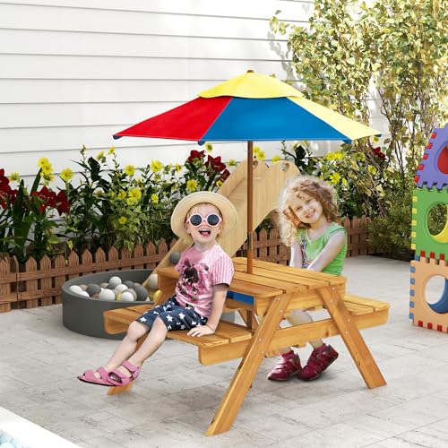 Outsunny Kids Picnic Table with Foldable Umbrella, 3 in 1 Sand and Water Activity Table with 2 Play Boxes, Removable Top, Outdoor Convertible Wooden Table & Bench Set for Patio, Backyard, Natural