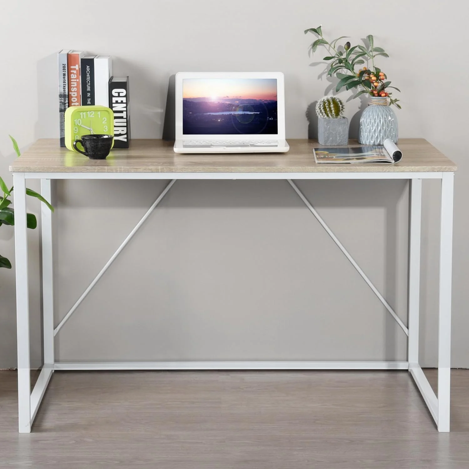 47.2 Inch Compact Home Office Desk with Metal Frame Computer Workstation for Small Space Study Writing Table for Bedroom, Dorm, Light Brown and White, Walnut