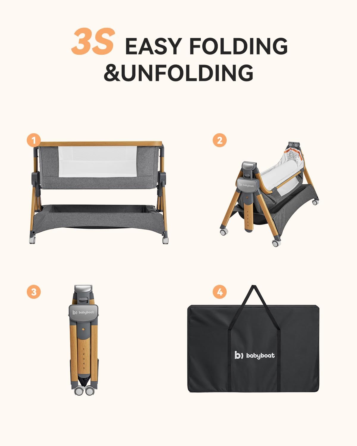 Cozy2, Bedside Bassinet,Travel Bassinet with Bigger Wheels Portable Bassinet Sleeper with Skin-Friendly Mattress,5 Height Adjustable Bedside Crib for Baby - Wood