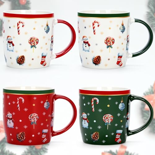 Cabtnca Christmas Mugs, Christmas Mugs Set of 4, Christmas Coffee Mugs, Ceramic Christmas Mug, Holiday Mugs, Xmas Mug Decor, Marry Christmas Gifts for Women Kids, 11 Oz