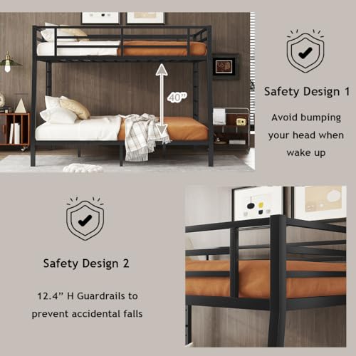 Heavy Duty Bunk Bed Frame with Ladder, Twin XL Over Twin XL Bunk Beds with Safety Guardrails, Adults Bunk Beds with Noise-Reducing Rubber Stoppers, Easy Assemble, Black