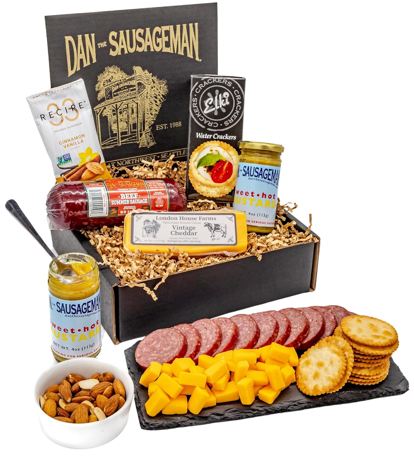 Sausage and Cheese Tasting Sampler by Dan the Sausageman. Featuring Smoked Beef Summer Sausage, and Specialty Sweet Hot Mustard.