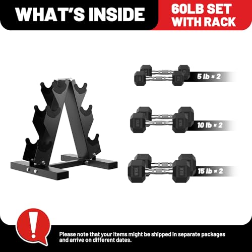 PAPABABE Hex Dumbbell Sets with Rack, 60-550lb Rubber Coated Dumbbell Weight Set and Storage Rack, Multiple Options Hand Weights for Strength Training