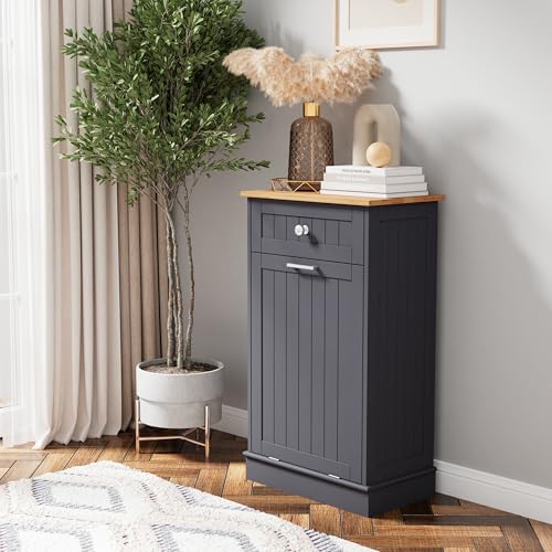 Tilt Out Trash Cabinet Kitchen Trash Can Holder Recycling Cabinet Laundry Hamper with Hideaway Drawer Wooden Bamboo Cutting Board with Added Countertop Space Keep Pets Out (White)